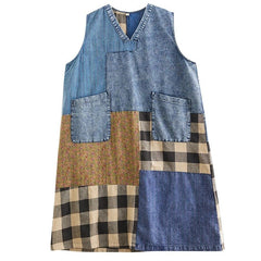 Plaid Patchwork Washed Denim Dress
