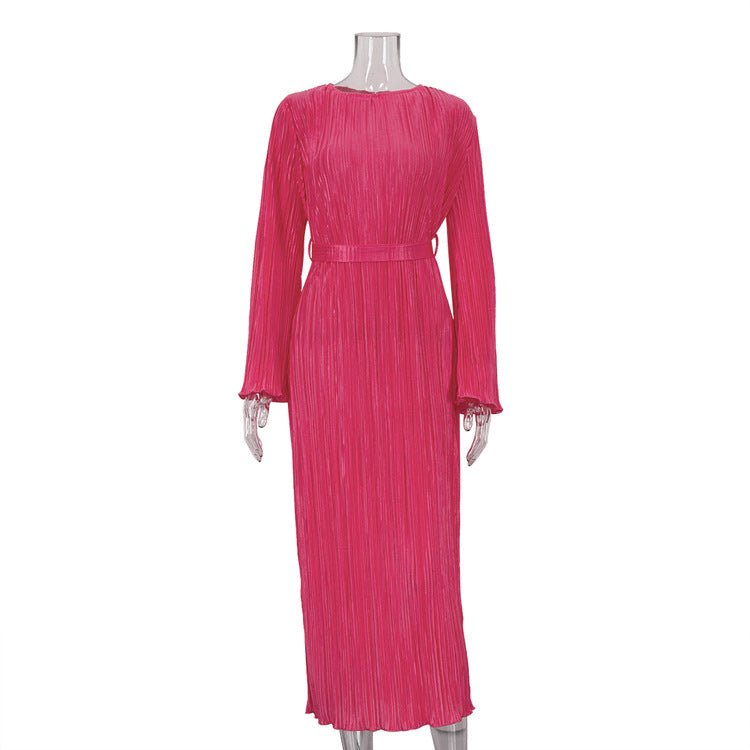 Pleated Ankle Length Belted Dress