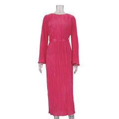 Pleated Ankle Length Belted Dress