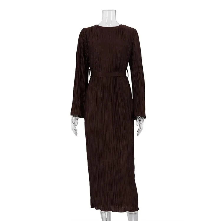 Pleated Ankle Length Belted Dress