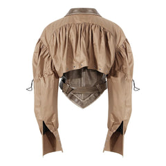 Pleated Belted Drawstring Vegan Leather Jacket