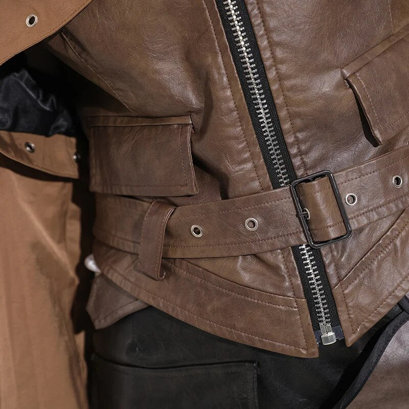 Pleated Belted Drawstring Vegan Leather Jacket