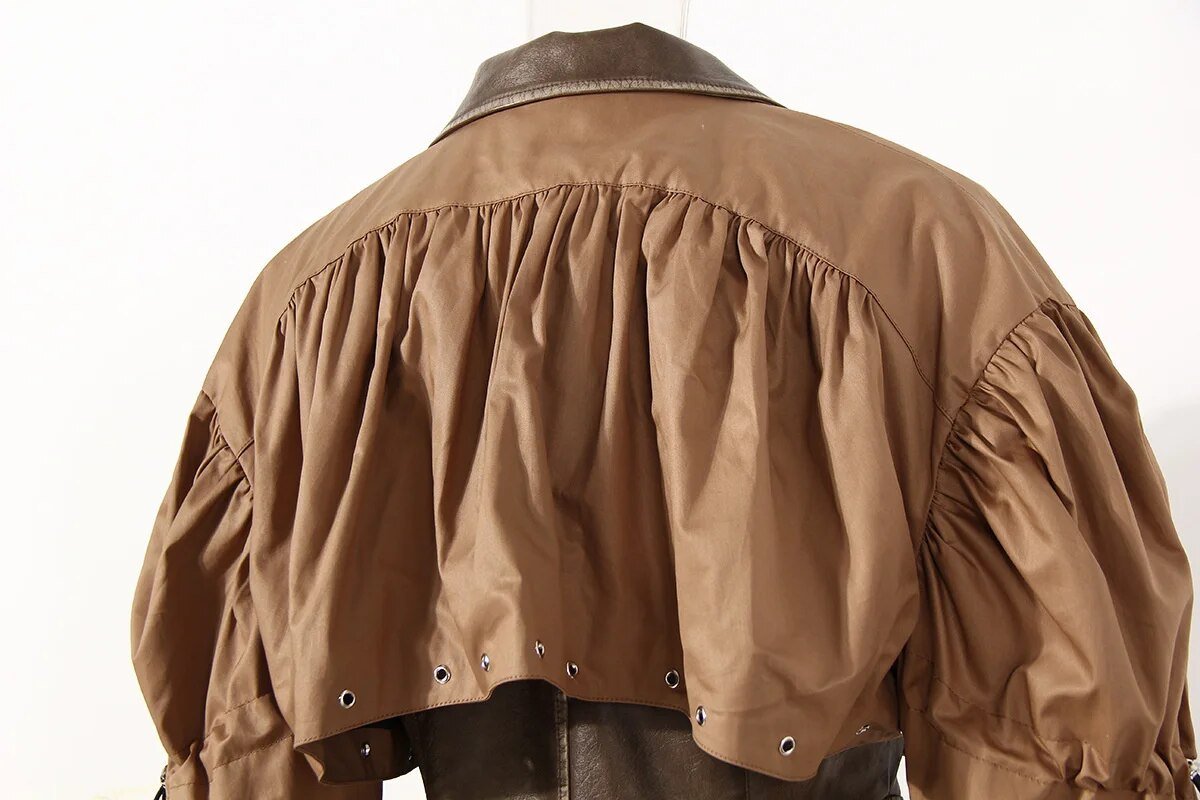 Pleated Belted Drawstring Vegan Leather Jacket