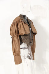 Pleated Belted Drawstring Vegan Leather Jacket