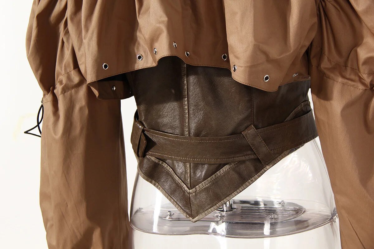Pleated Belted Drawstring Vegan Leather Jacket