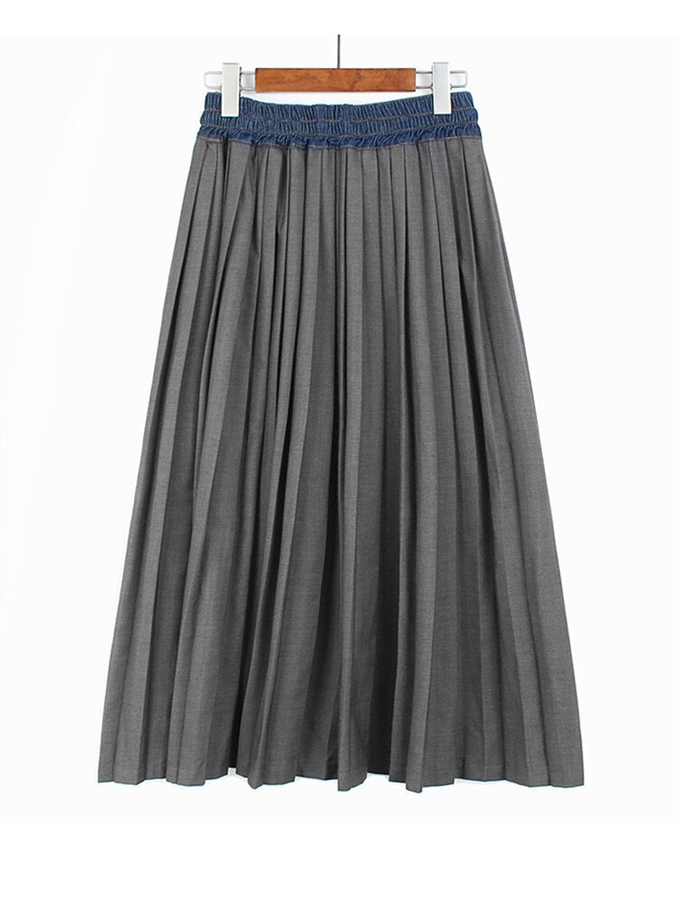 Pleated Denim A Line Skirt