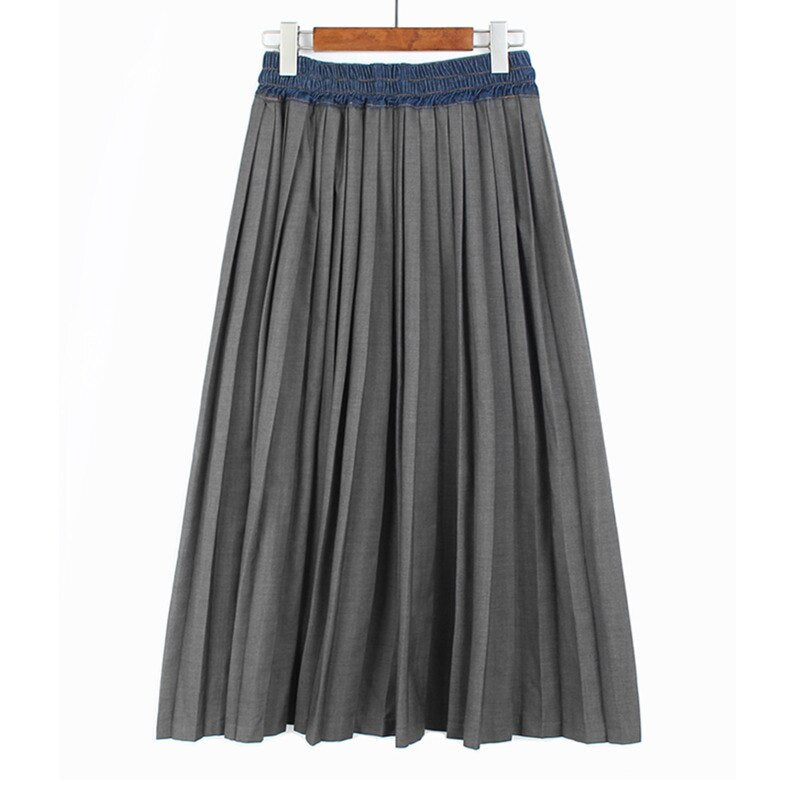 Pleated Denim A Line Skirt