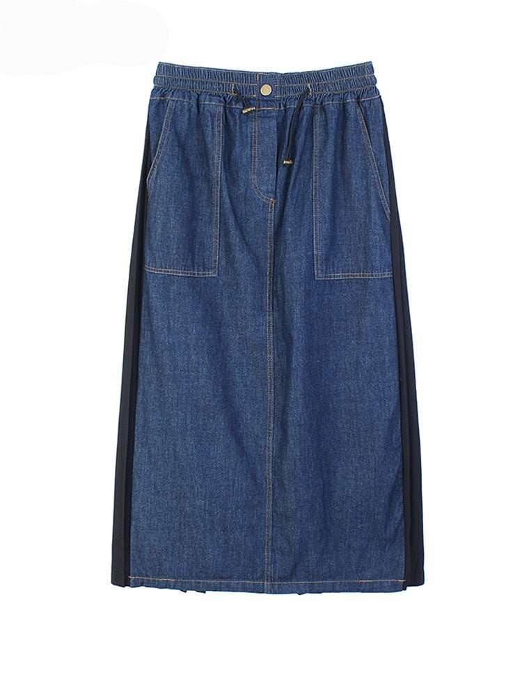 Pleated Denim A Line Skirt