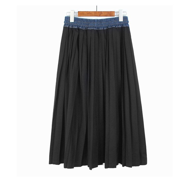 Pleated Denim A Line Skirt