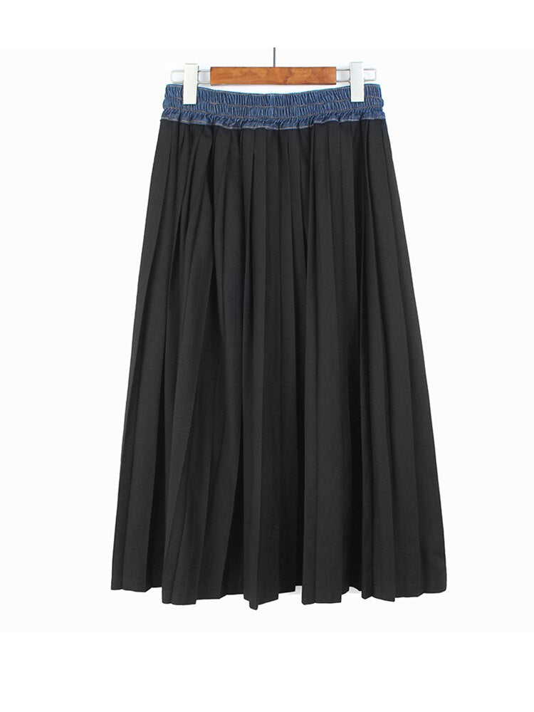 Pleated Denim A Line Skirt