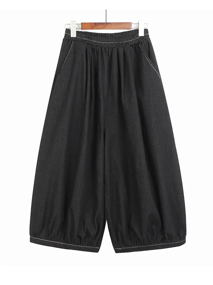 Pleated Denim Wide Leg Pants
