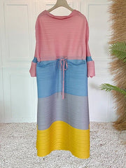 Pleated Multicolor Tie-Waist Long Dress