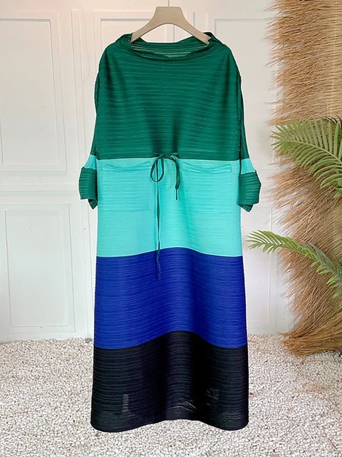 Pleated Multicolor Tie-Waist Long Dress