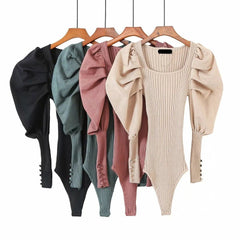 Pleated Puff Sleeves Knitted Bodysuit