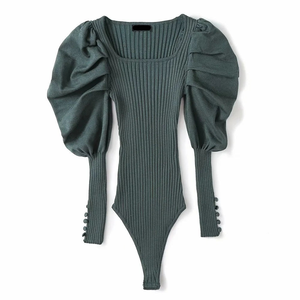 Pleated Puff Sleeves Knitted Bodysuit