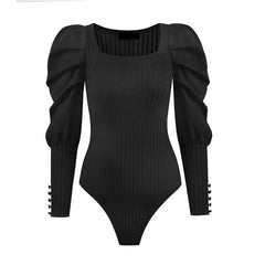 Pleated Puff Sleeves Knitted Bodysuit