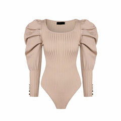 Pleated Puff Sleeves Knitted Bodysuit