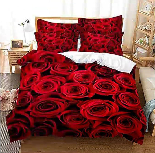 Red Rose Duvet Cover Set Full Size Soft Luxury 3D Rose Flower Microfiber Bedding Set 3Pcs Romantic Quilt Cover Queen King Size