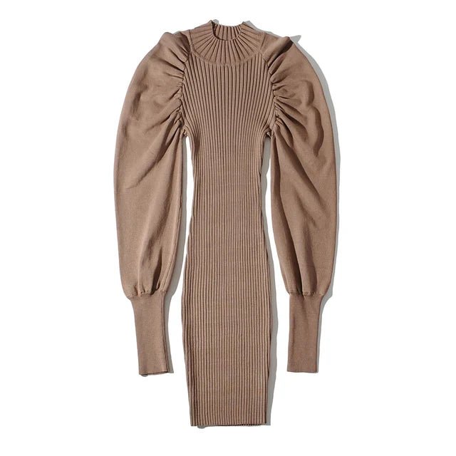 Puff Sleeves Knit Midi Dress