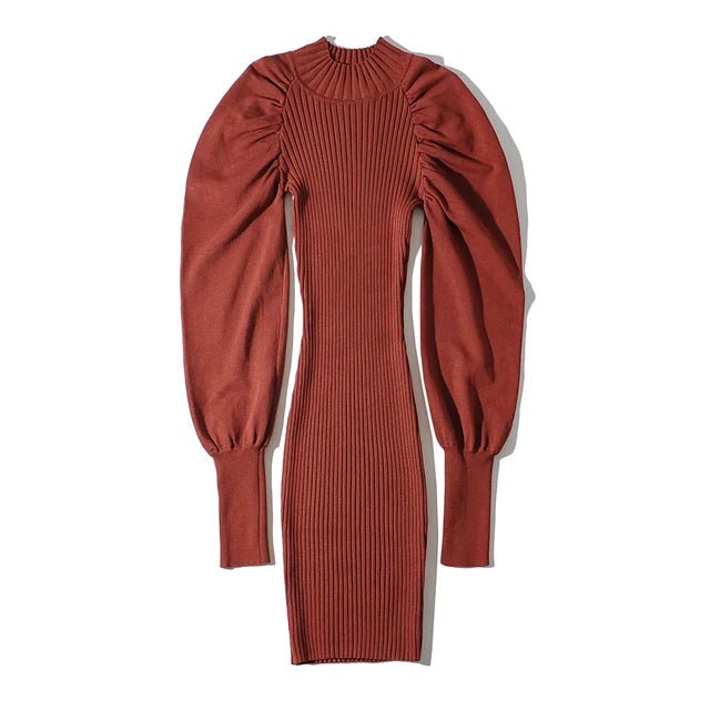 Puff Sleeves Knit Midi Dress