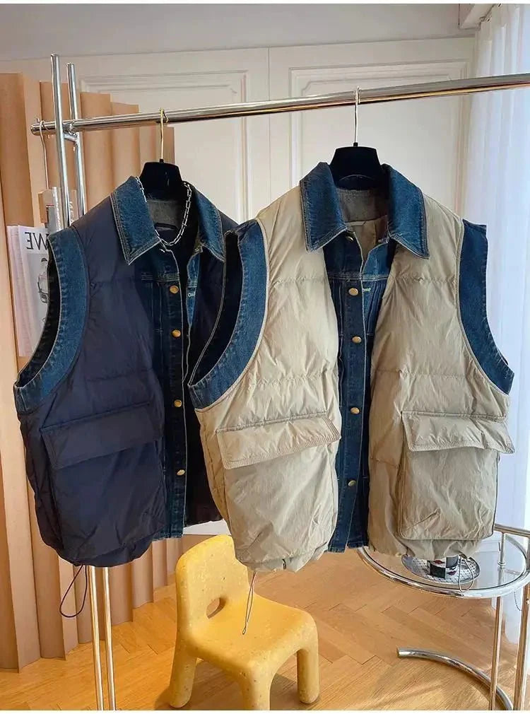 Quilted Button-Down Denim Spliced Vest