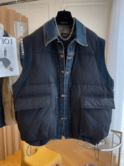 Quilted Button-Down Denim Spliced Vest