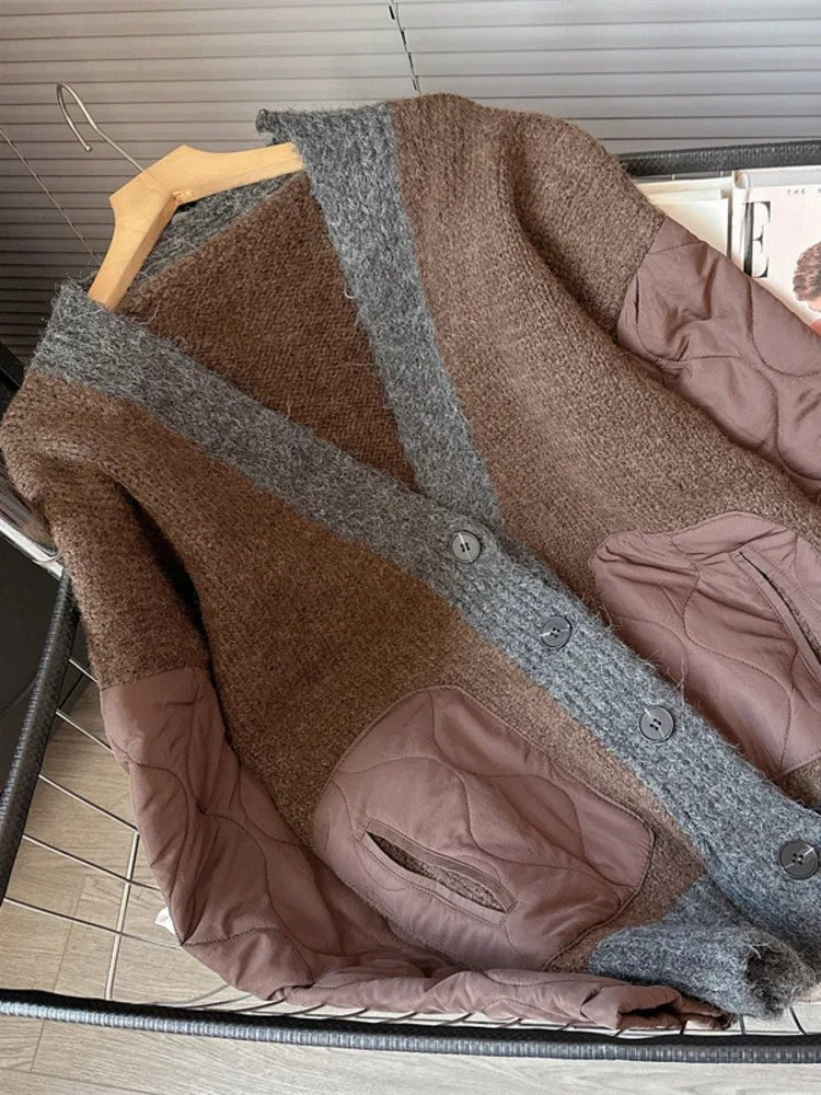 Quilted Sleeves Patchwork Thick Cardigan