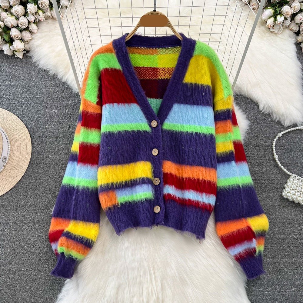 Rainbow Stripes Knit Sweater + Skirt Set