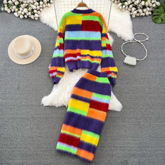 Rainbow Stripes Knit Sweater + Skirt Set