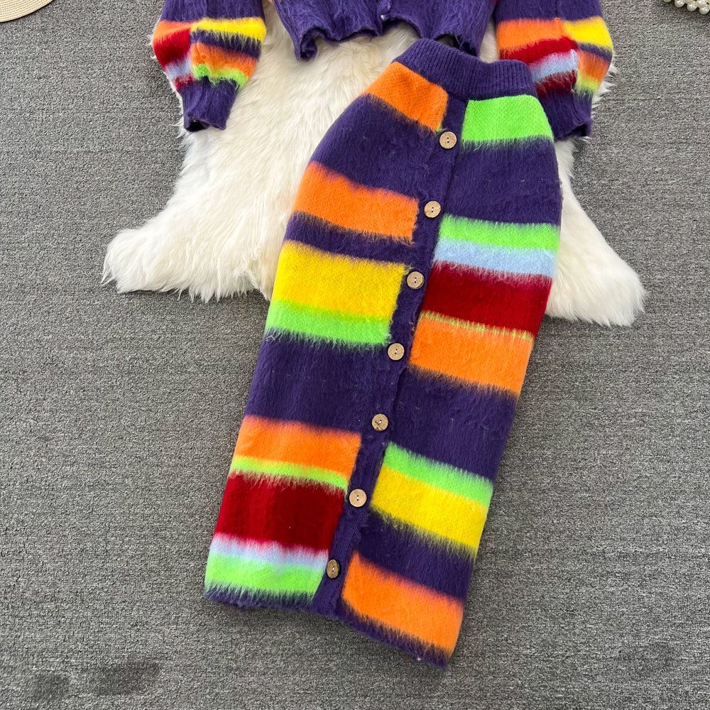 Rainbow Stripes Knit Sweater + Skirt Set