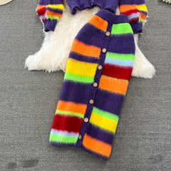 Rainbow Stripes Knit Sweater + Skirt Set
