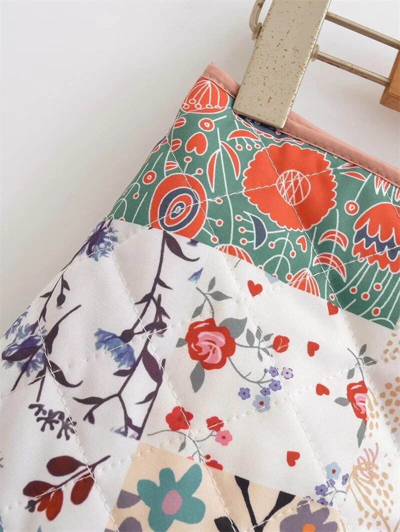 Retro Floral Zip-Up Quilted Skirt
