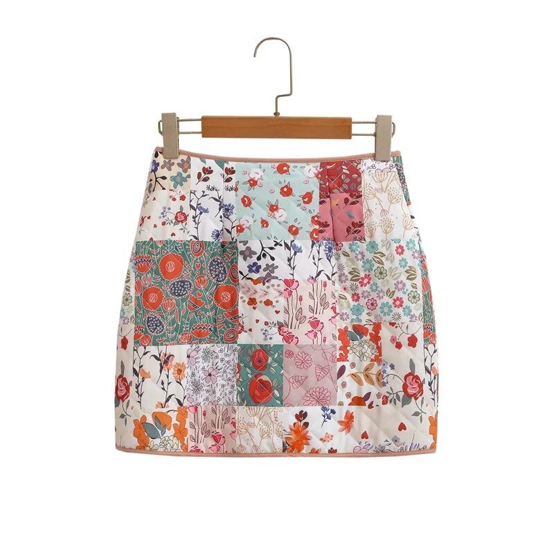 Retro Floral Zip-Up Quilted Skirt