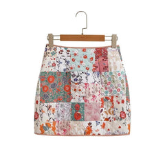 Retro Floral Zip-Up Quilted Skirt