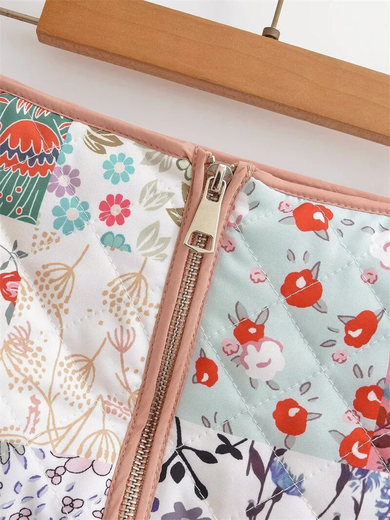 Retro Floral Zip-Up Quilted Skirt