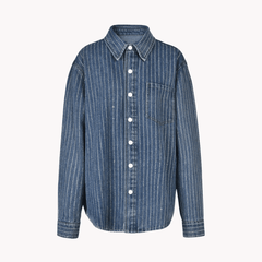 Rhinestones Stripes Loose Denim Shirt