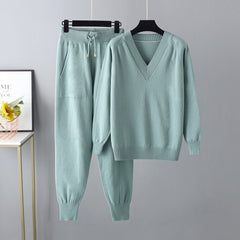 Ribbed Cuff and Hem Sweater and Pants Set