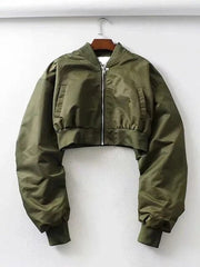 Ruched Sleeves Zip-Up Cropped Jacket