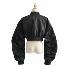 Ruched Sleeves Zip-Up Cropped Jacket