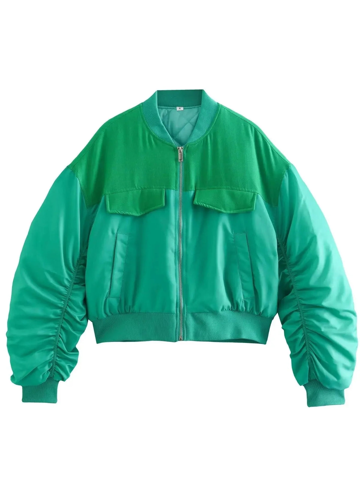 Ruched Sleeves Zip-Up Cropped Jacket