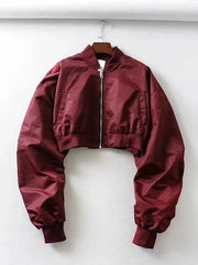 Ruched Sleeves Zip-Up Cropped Jacket