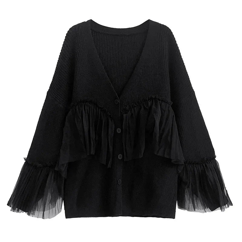 Ruffled Mesh Patchwork Knit Top