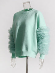 Ruffled Mesh Sleeves Knit Sweater