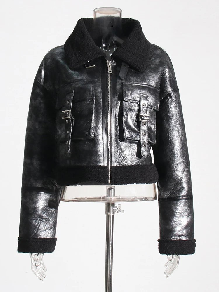 Saddle Pockets Faux Leather Short Coat