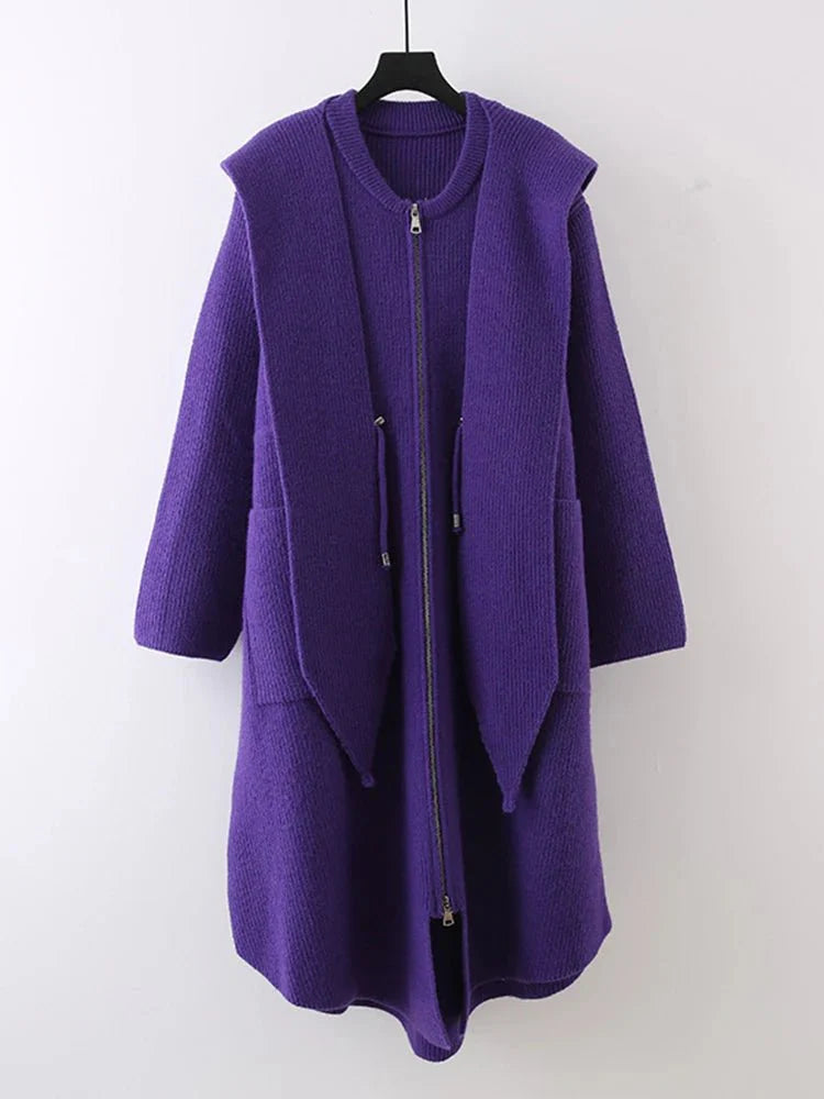 Shawl Collar Hooded Knitted Coat