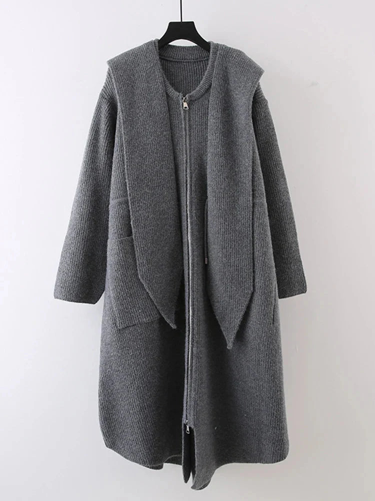 Shawl Collar Hooded Knitted Coat