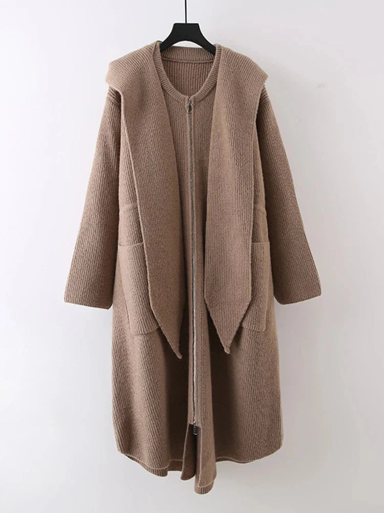 Shawl Collar Hooded Knitted Coat