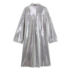 Silver Asymmetric Pleated Midi Dress