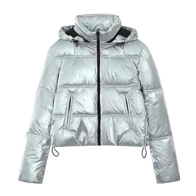 Silver Hooded Padded Cropped Jacket