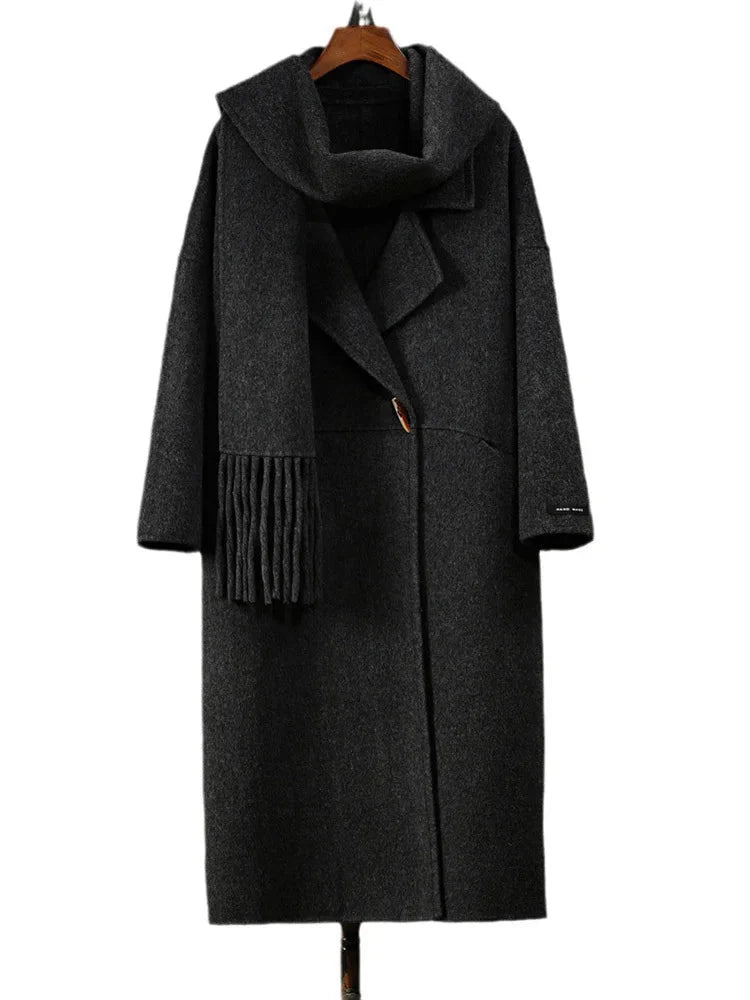 Single Button Scarf Collar Wool Coat